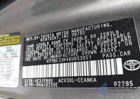 2006 Toyota Camry Le from USA, damaged, VIN 4T1BE32K46U653051